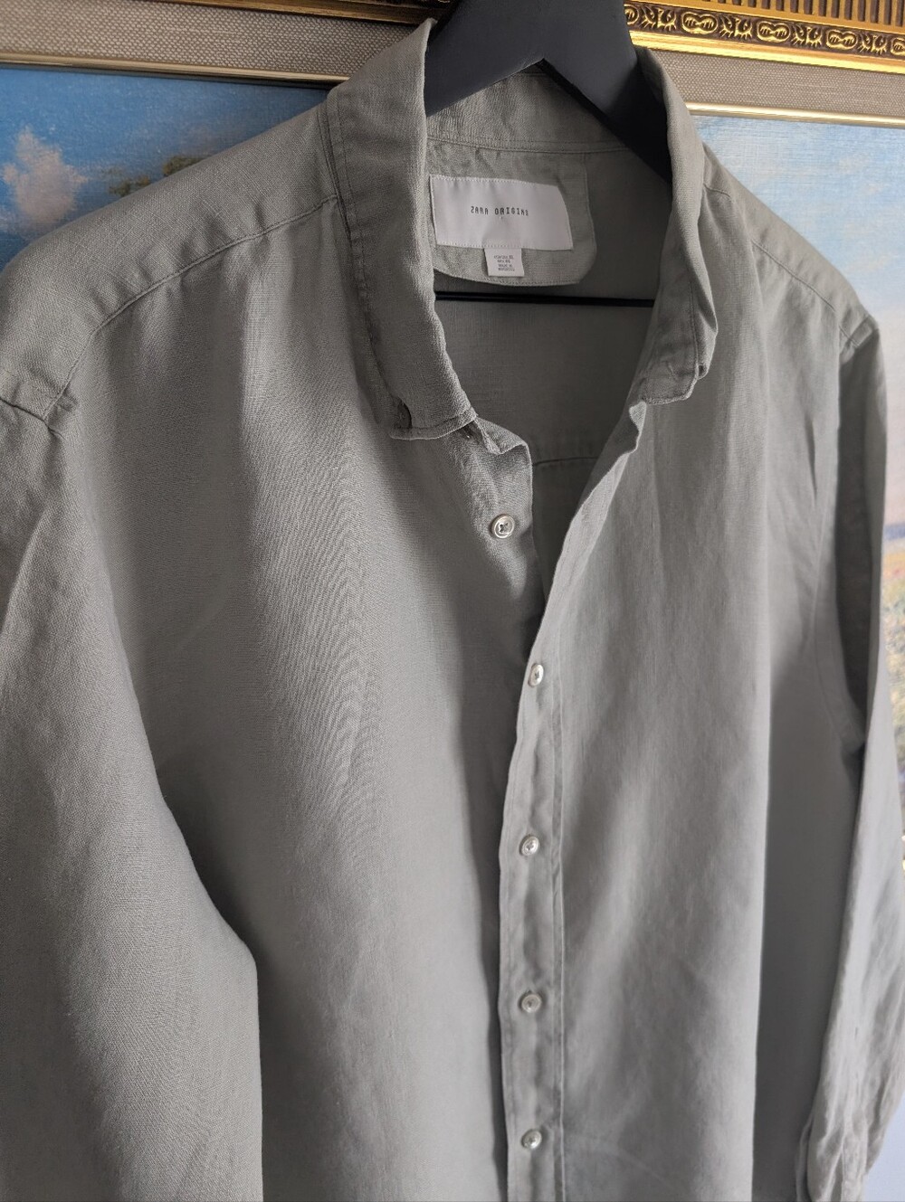 Zara Origins 100% Linen Khaki Button-Up Shirt
